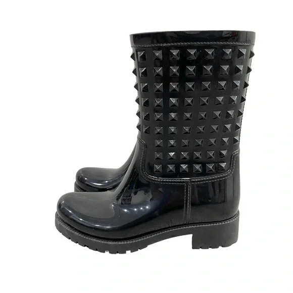 Valentino Black Rockstud Rubber Rain Boots Size 37 - Picture 6 of 8